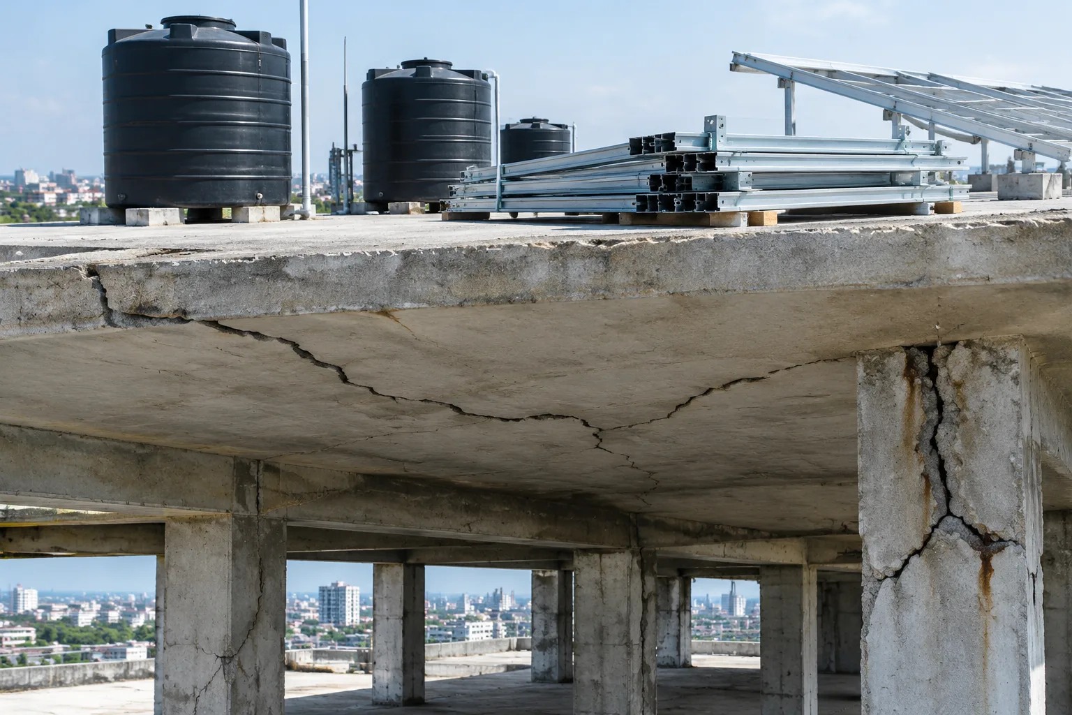 Overloaded slab, roof and column defects