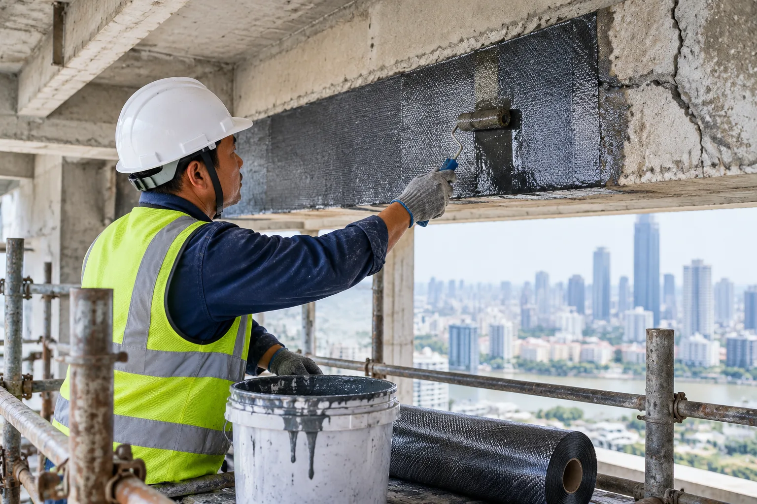 Worker in a reflective safety vest applying carbon-fibre strengthening to damaged reinforced concrete