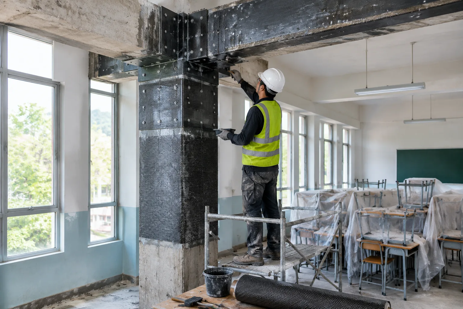 Worker carrying out beam and column strengthening
