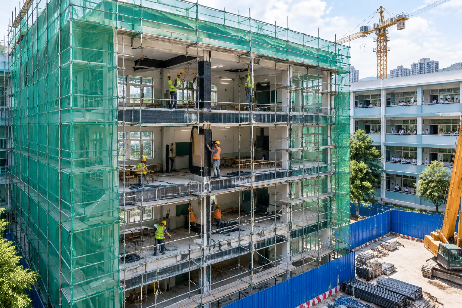 Worker carrying out structural strengthening at the Yunxi School renovation project