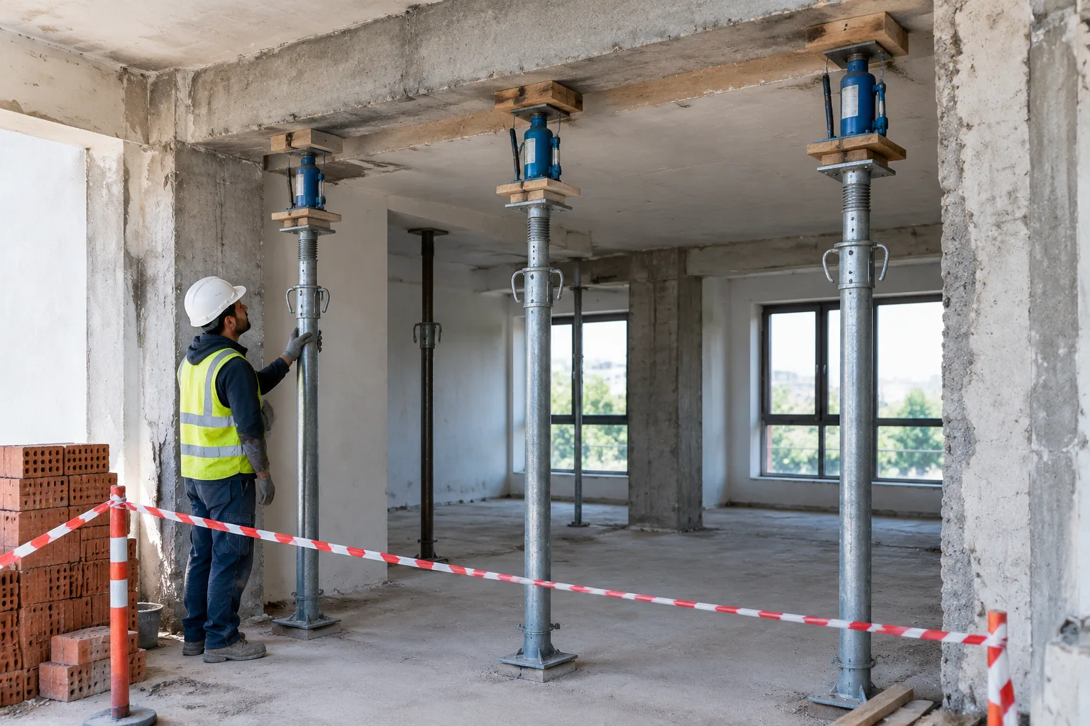 Worker installing temporary support during a building alteration