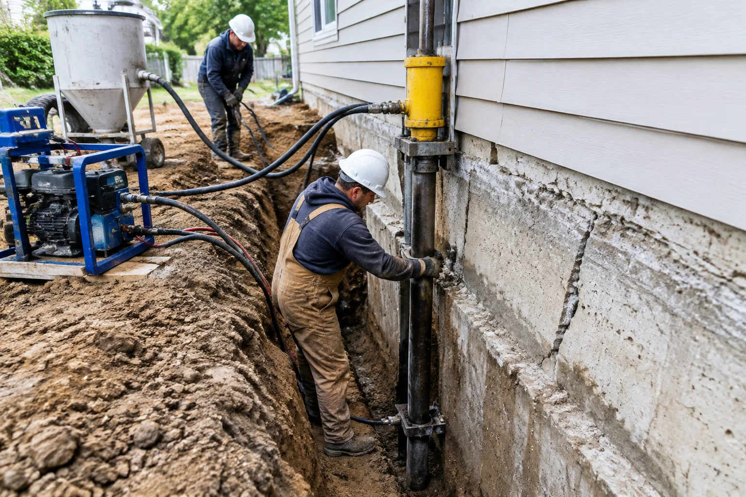 Worker repairing a settled foundation