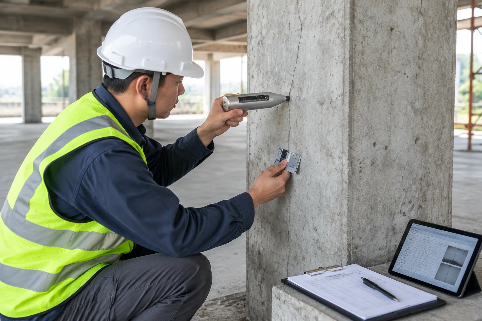 Engineer inspecting damaged concrete