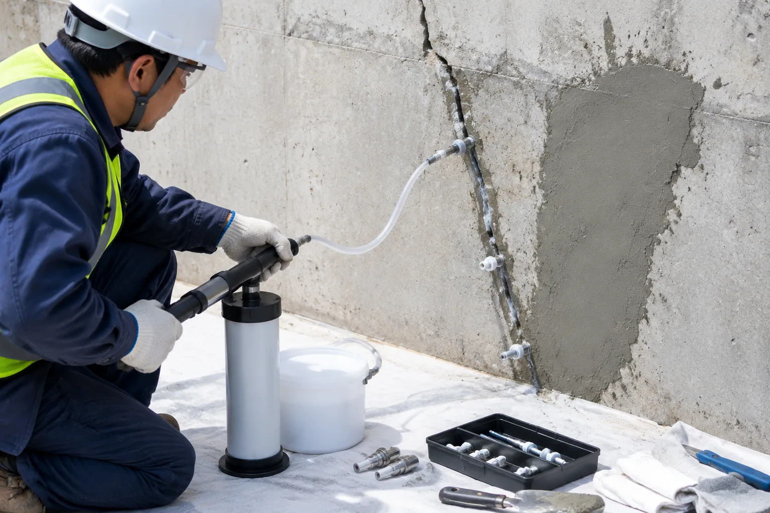 Worker repairing cracked concrete