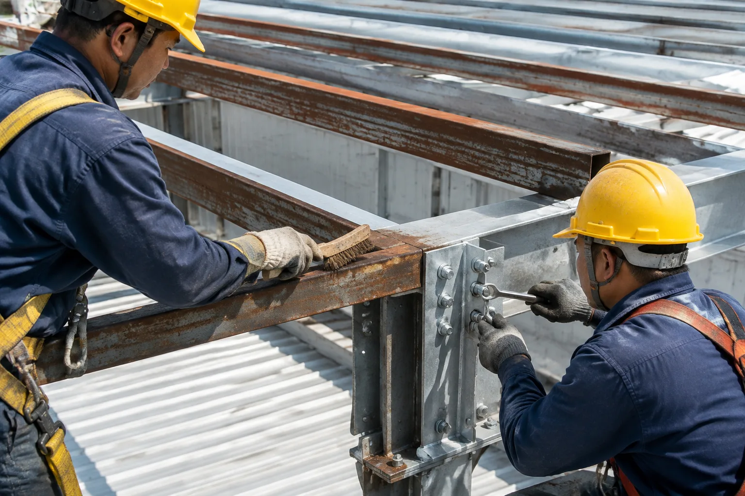 Workers strengthening a corroded steel roof