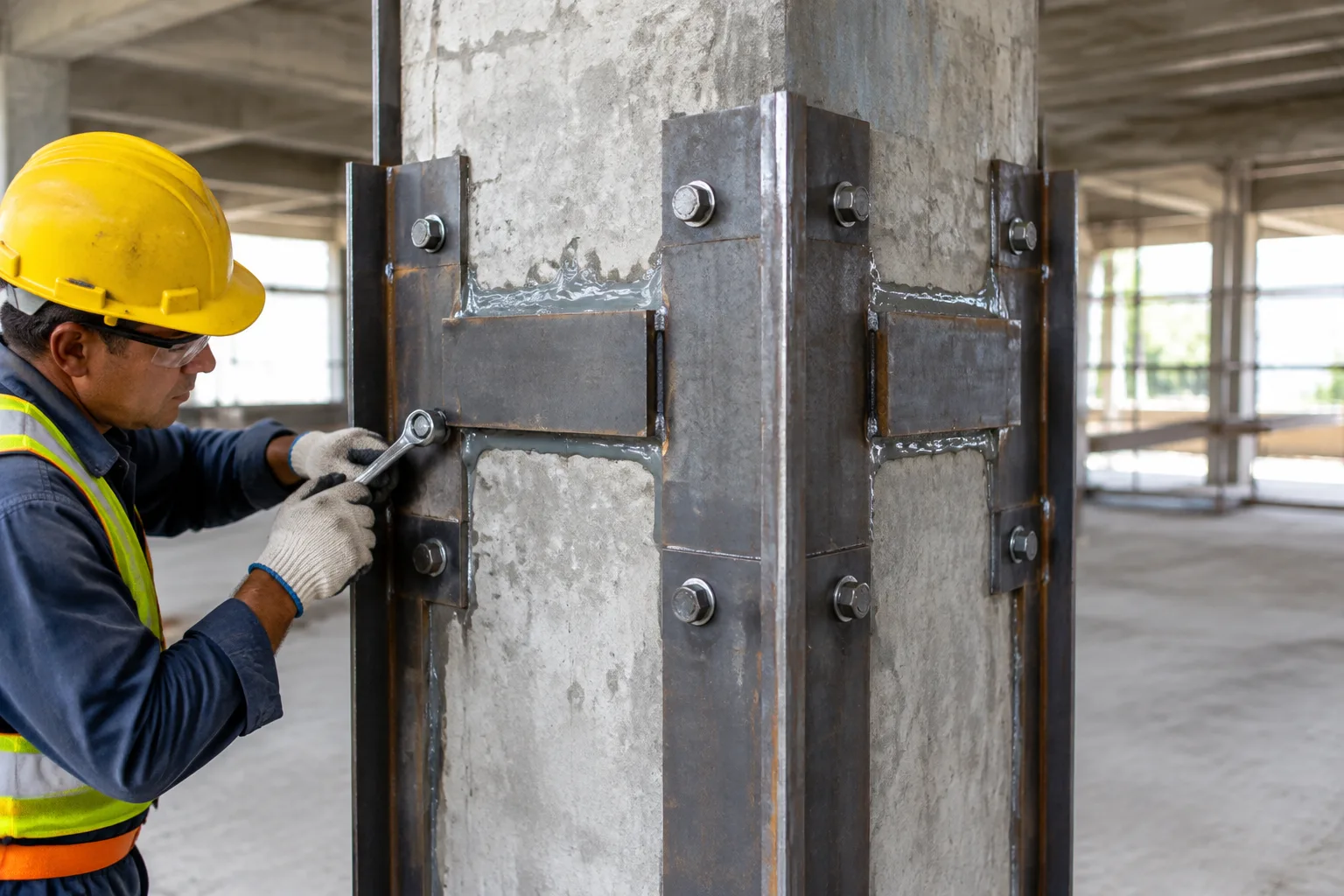 Bonded steel strengthening installation on a concrete column